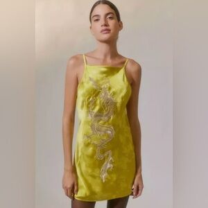 Urban Outfitters Lime Green Satin Mini Dress with Beaded Dragon